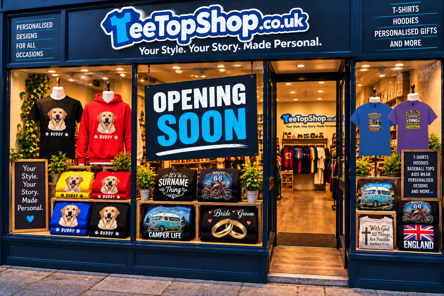 TeeTopShop — Opening Soon. Personalised T-shirts, hoodies and gifts. Your Style. Your Story. Made Personal.